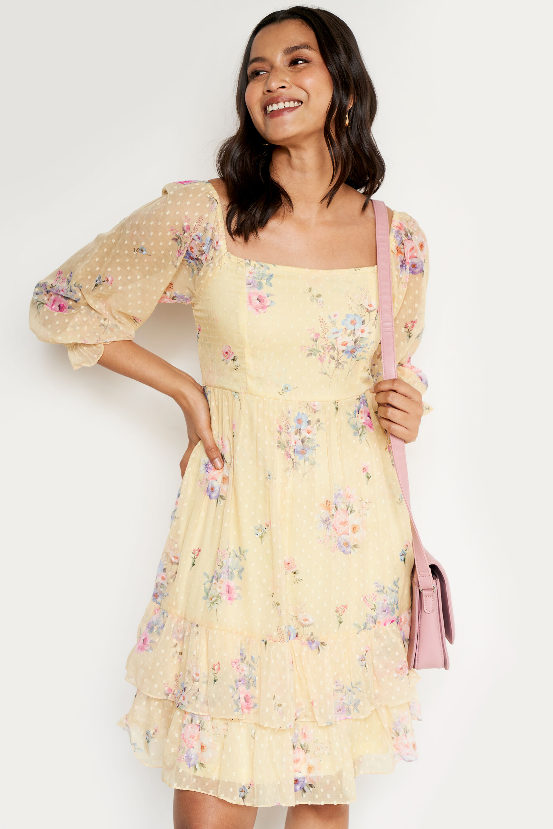 Floral Flared Dress, Lime Green, image 3